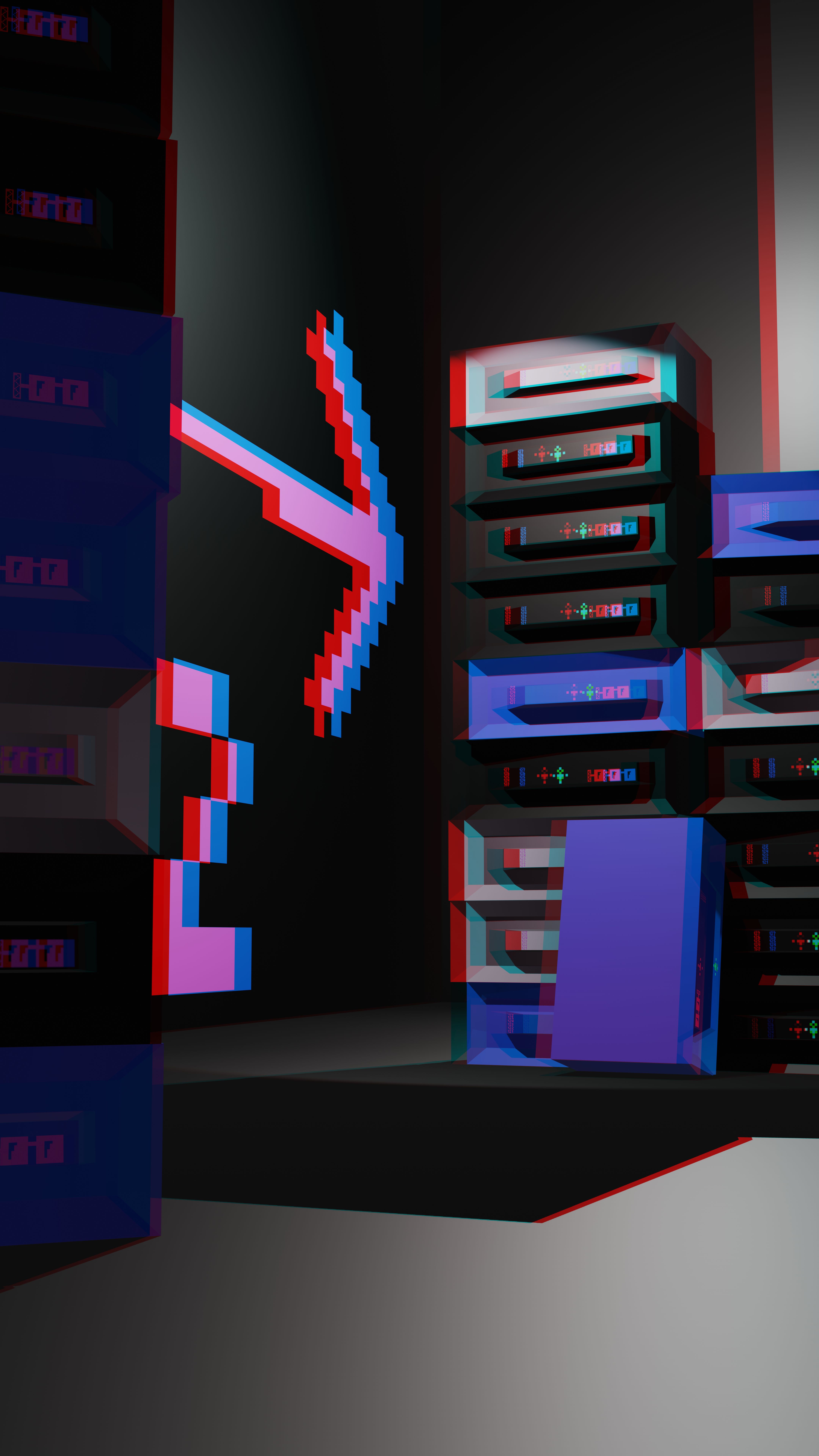picture of stylized server racks bathed in light and shadow, standing in front of a corner. a large arrow on the wall points around the corner with a 2 label below it. the servers have small pixelated details on them that look like buttons and numbers